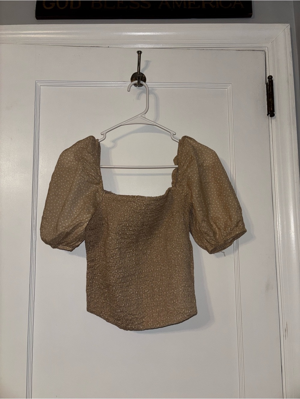 Abercrombie & Fitch Tan Smocked Blouse with Puff Sleeves